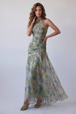 Vestido formal comprido em chiffon sálvia A-line floral franzado, decote halter