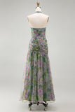 Vestido formal comprido em chiffon sálvia A-line floral franzado, decote halter