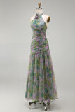Vestido formal comprido em chiffon sálvia A-line floral franzado, decote halter