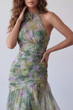 Vestido formal comprido em chiffon sálvia A-line floral franzado, decote halter