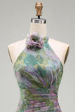 Vestido formal comprido em chiffon sálvia A-line floral franzado, decote halter