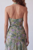 Vestido formal comprido em chiffon sálvia A-line floral franzado, decote halter