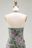 Vestido formal comprido em chiffon sálvia A-line floral franzado, decote halter