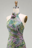 Vestido formal comprido em chiffon sálvia A-line floral franzado, decote halter
