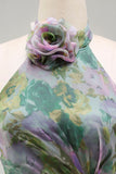 Vestido formal comprido em chiffon sálvia A-line floral franzado, decote halter