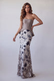 Vestido Formal Longo Vintage Floral de Sireia Malva em Chiffon Sem Alças