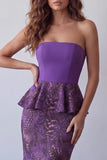 Vestido formal Midi Midi sem alças com folhos em Chiffon de Sereia Roxo
