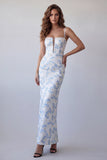 Vestido Formal Longo Azul Floral Bodycon Azul Claro