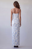 Vestido Formal Longo Azul Floral Bodycon Azul Claro