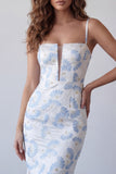 Vestido Formal Longo Azul Floral Bodycon Azul Claro