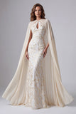 Vestido formal comprido estampado de champanhe sereia com capa