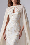 Vestido formal comprido estampado de champanhe sereia com capa