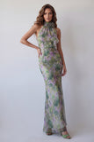 Vestido Maxi Formal Maxi Floral Bodycon de Salvia com Gola Halter, Dusty Sage Bodycon