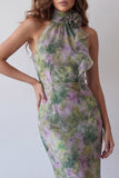 Vestido Maxi Formal Maxi Floral Bodycon de Salvia com Gola Halter, Dusty Sage Bodycon