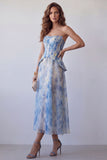 Vestido Formal Midi Floral Sem Alças A-Line de Chiffon Azul Poeirento