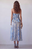 Vestido Formal Midi Floral Sem Alças A-Line de Chiffon Azul Poeirento