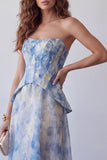 Vestido Formal Midi Floral Sem Alças A-Line de Chiffon Azul Poeirento