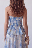 Vestido Formal Midi Floral Sem Alças A-Line de Chiffon Azul Poeirento