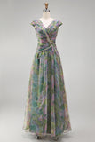 Vestido formal comprido em A-Line Sálvia empoeirado, decote em V e decote arrugado em chiffon