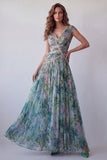 Vestido formal comprido em A-Line Sálvia empoeirado, decote em V e decote arrugado em chiffon
