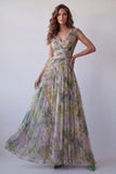 Vestido formal comprido em A-Line Sálvia empoeirado, decote em V e decote arrugado em chiffon