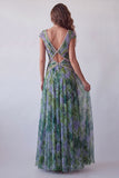 Vestido formal comprido em A-Line Sálvia empoeirado, decote em V e decote arrugado em chiffon