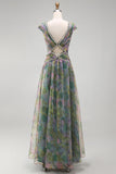 Vestido formal comprido em A-Line Sálvia empoeirado, decote em V e decote arrugado em chiffon
