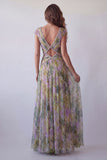 Vestido formal comprido em A-Line Sálvia empoeirado, decote em V e decote arrugado em chiffon
