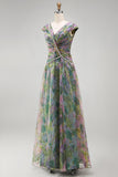 Vestido formal comprido em A-Line Sálvia empoeirado, decote em V e decote arrugado em chiffon