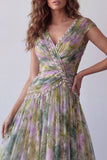 Vestido formal comprido em A-Line Sálvia empoeirado, decote em V e decote arrugado em chiffon