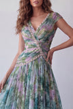 Vestido formal comprido em A-Line Sálvia empoeirado, decote em V e decote arrugado em chiffon