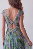 Vestido formal comprido em A-Line Sálvia empoeirado, decote em V e decote arrugado em chiffon