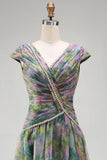 Vestido formal comprido em A-Line Sálvia empoeirado, decote em V e decote arrugado em chiffon