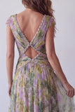 Vestido formal comprido em A-Line Sálvia empoeirado, decote em V e decote arrugado em chiffon