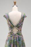 Vestido formal comprido em A-Line Sálvia empoeirado, decote em V e decote arrugado em chiffon