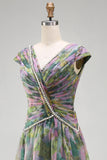 Vestido formal comprido em A-Line Sálvia empoeirado, decote em V e decote arrugado em chiffon