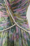 Vestido formal comprido em A-Line Sálvia empoeirado, decote em V e decote arrugado em chiffon