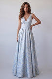 Vestido Formal Longo Azul Azul-A, Decote em V, Flor Franzido, Longo