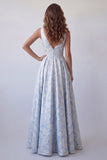 Vestido Formal Longo Azul Azul-A, Decote em V, Flor Franzido, Longo