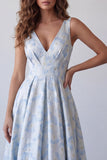 Vestido Formal Longo Azul Azul-A, Decote em V, Flor Franzido, Longo