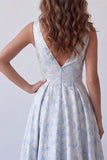 Vestido Formal Longo Azul Azul-A, Decote em V, Flor Franzido, Longo