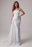 Vestido formal longo floral franzido body-free azul-claro com cinta