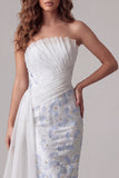 Vestido formal longo floral franzido body-free azul-claro com cinta