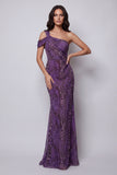 Vestido formal longo de chiffon roxo sereia de um ombro