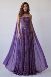 Vestido formal longo em chiffon roxo A-Line sem alças com cachecol no pescoço