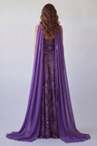 Vestido formal longo em chiffon roxo A-Line sem alças com cachecol no pescoço
