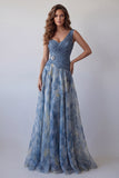 Zapaka Mulheres Vestido de Cerimónia Comprido Linha-A Alças Grossas Azul Empoeirado Chiffon Franzidos