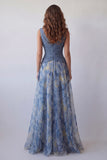 Vestido de Cerimónia Comprido Linha-A Alças Grossas Azul Empoeirado