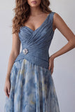 Vestido de Cerimónia Comprido Linha-A Alças Grossas Azul Empoeirado