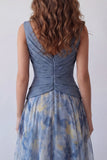 Vestido de Cerimónia Comprido Linha-A Alças Grossas Azul Empoeirado